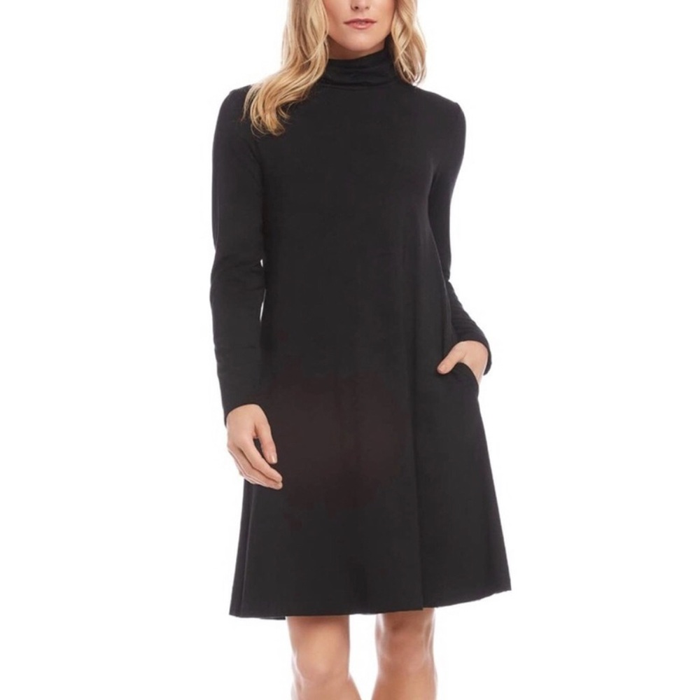 Karen Kane Quinn Turtleneck Dress Size L Black Jersey Swing Pockets